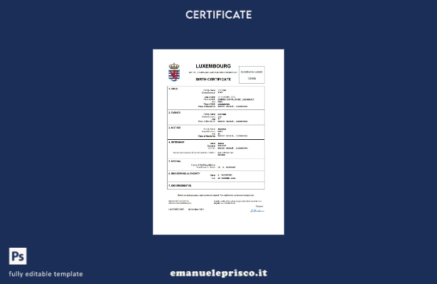 certificato di nascita lussemburghese in stile verificato modello Word e PDF